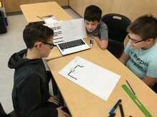 Grade 6 students at Sister Alphonse Academy working together to program Ozzie to follow the right path!